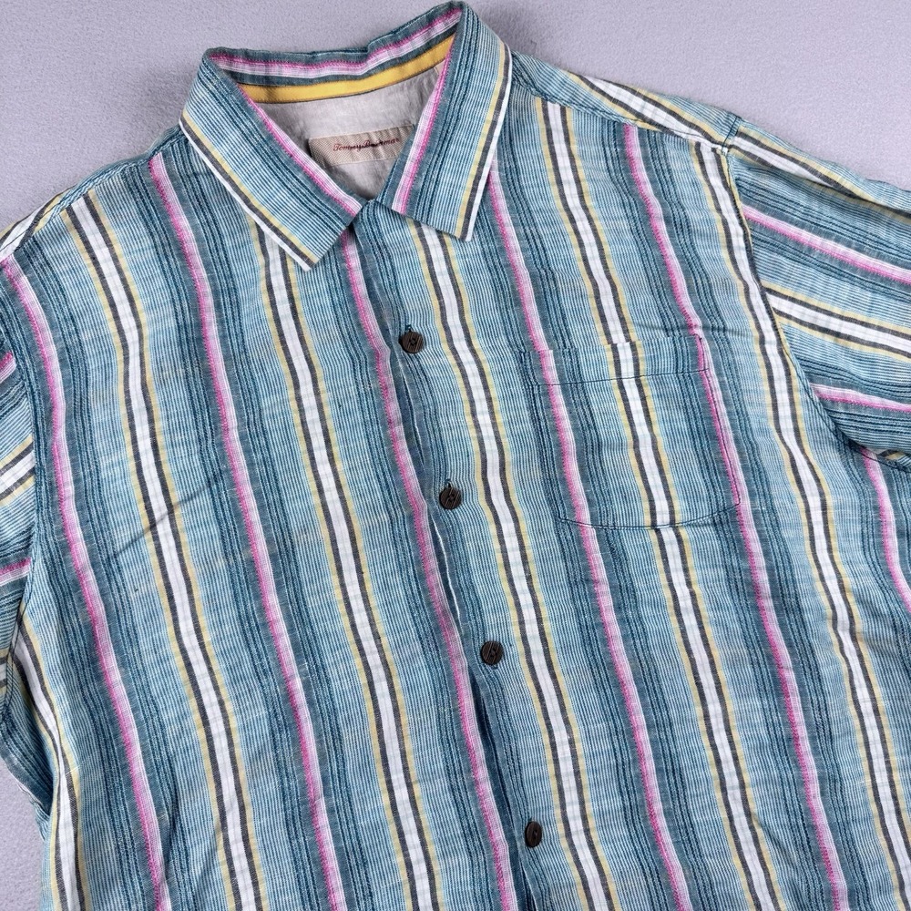 Tommy Bahama 100% Linen Button Shirt Men XL Stripe Short Sleeve Beach Travel
